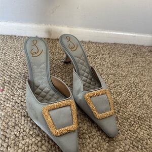 Sam Edelman Gray Mules with Gold Buckle